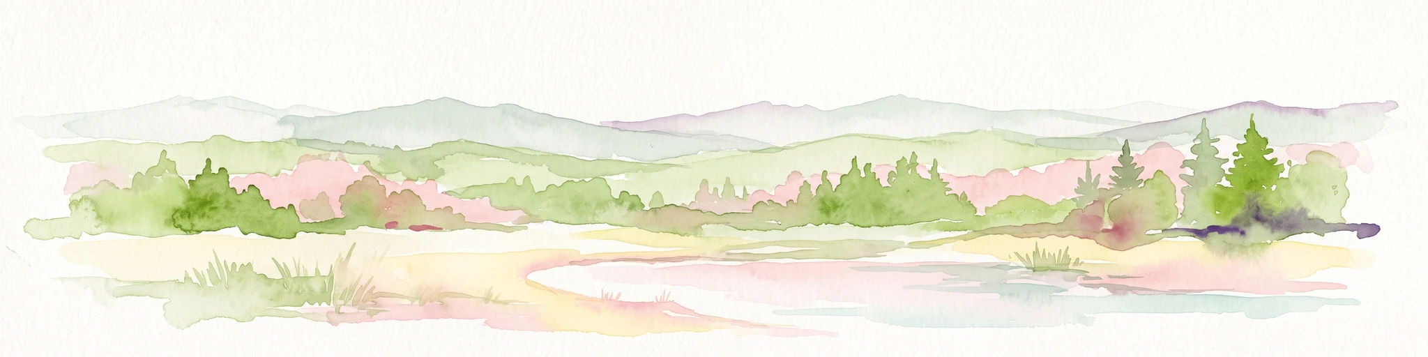 Una pintura en acuarela que muestra un paisaje suave, de colores pastel, con un humedal en primer plano y colinas onduladas y suaves al fondo.