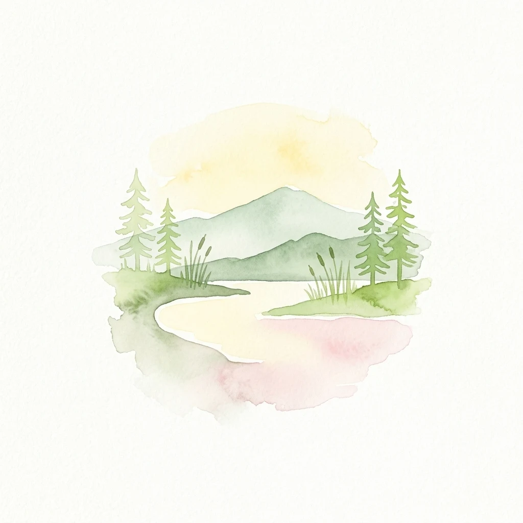 Watercolor illustration of a river flowing through a forested landscape with mountains in the background.