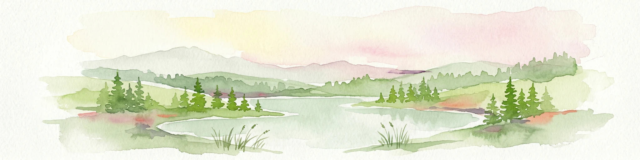 Pintura de acuarela de un lago con árboles y montañas distantes bajo un cielo suave