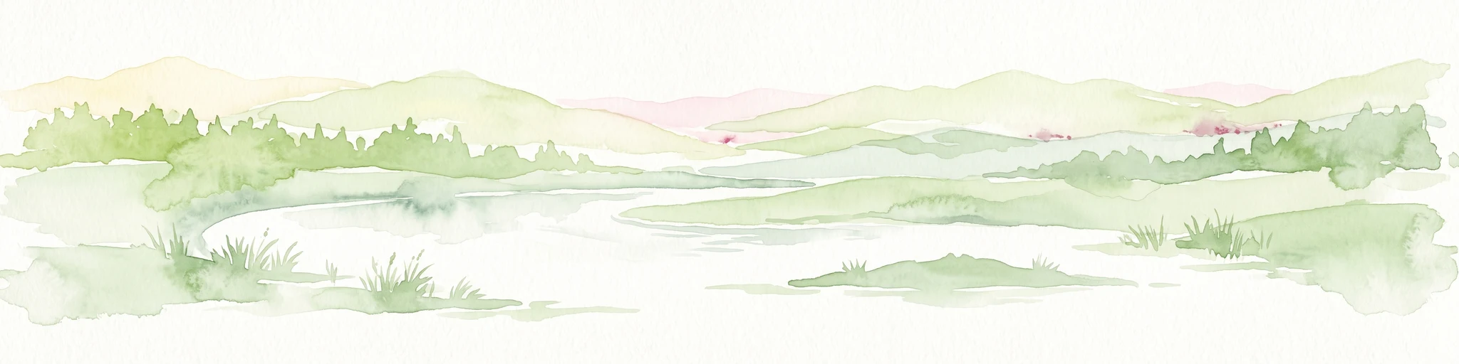 A soft watercolor painting of a green landscape featuring a small body of water, rolling hills, and trees, painted in a minimalist style on a white background.