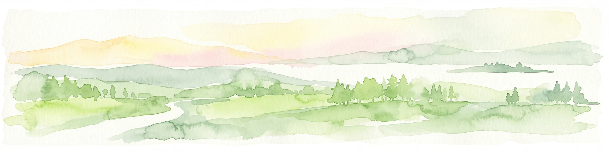 A soft watercolor painting depicting a gentle, hazy landscape with rolling hills, scattered patches of trees, and a winding path, rendered in light green, yellow, and peach tones against a white background.