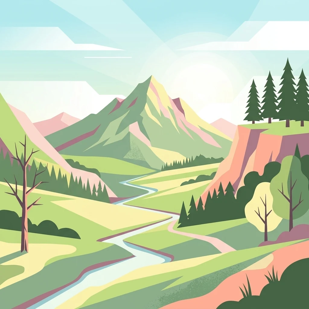 Vector illustration showing a valley with a winding river, distant mountains, pine forests, and a sunlit sky.