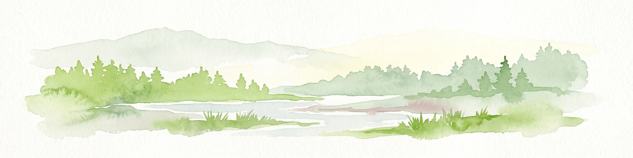 Watercolor painting of a soft green landscape with a stream flowing through wetlands and light hills in the distance.