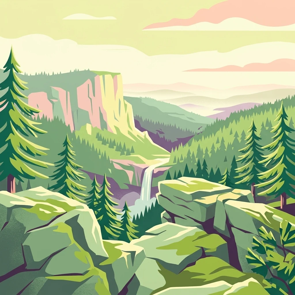 Digital art illustration showing a scenic view from a rocky cliff overlooking a dense pine forest, a waterfall in a deep valley, and distant layered ridgelines.
