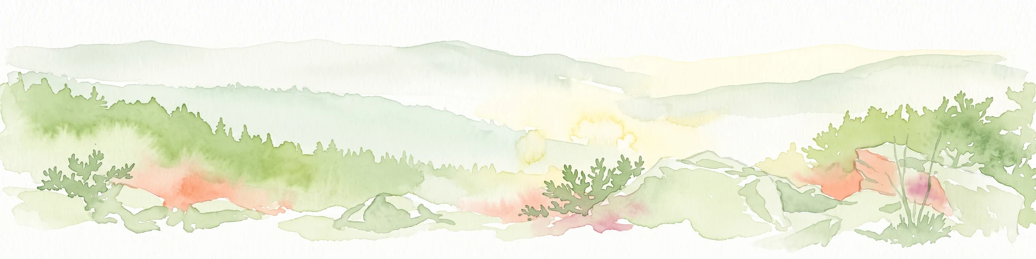 A watercolor illustration of a rolling forest landscape with soft green ridgelines and hazy, pale hills in the background.