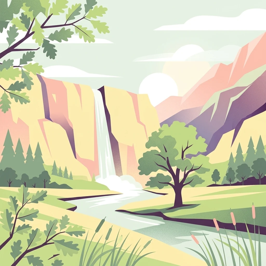 A flat-style digital illustration of a scenic valley featuring a waterfall, a winding stream, a large central tree, and surrounding forest, set against rocky cliffs under a soft sky.