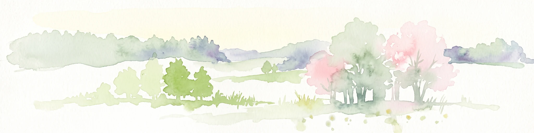 Una suave acuarela de luz de un valle verde y ondulado con árboles y colinas suaves, representada en un estilo minimalista sobre un fondo blanco.