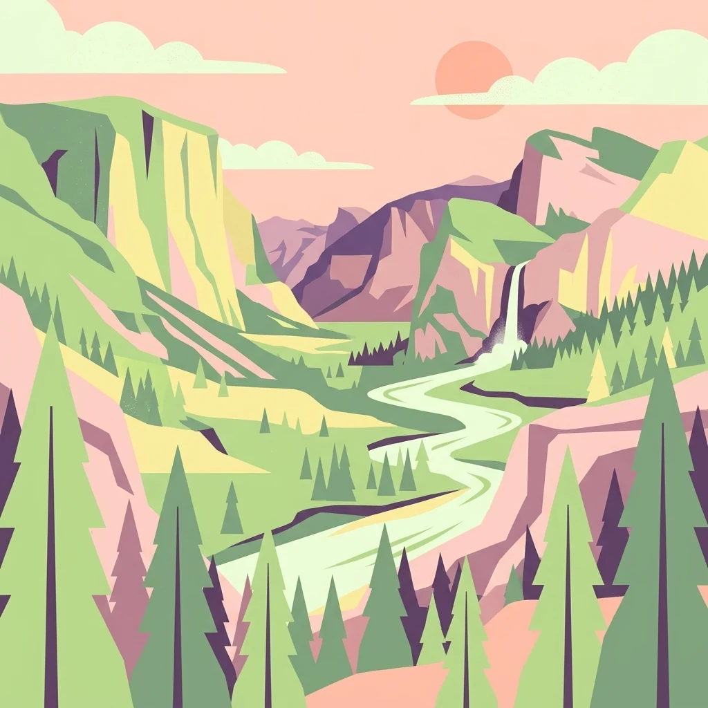 A flat-style, digital vector illustration of a mountainous valley scene, featuring a winding river, a waterfall in the distance, pine trees in the foreground, and soft sunset-toned skies.