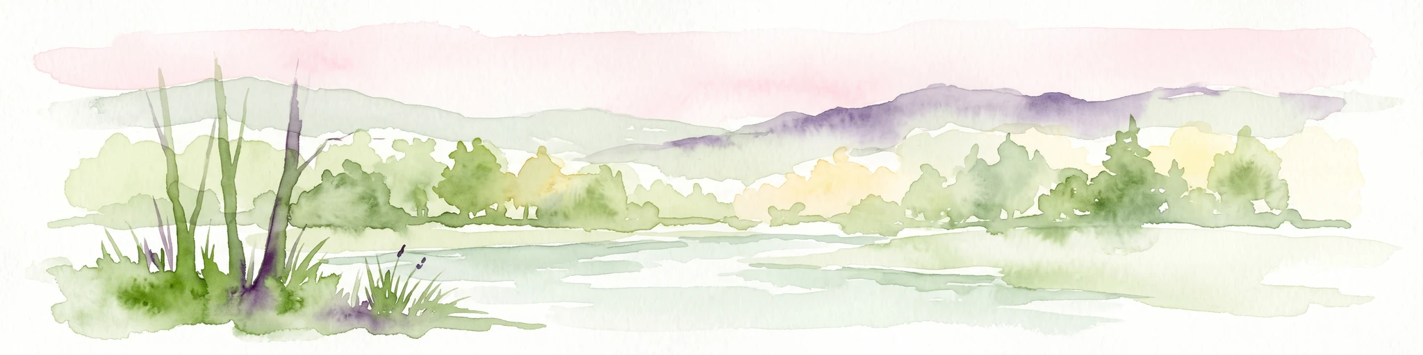 A horizontal watercolor painting of a calm stream flowing through a grassy valley with distant hills and scattered trees under a soft, pink-tinted sky.