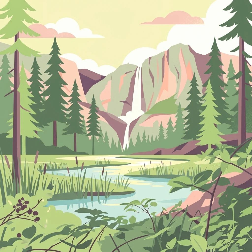 A flat-style digital illustration showing a winding stream leading to a waterfall between mountain peaks, framed by coniferous trees and marshy foreground vegetation.