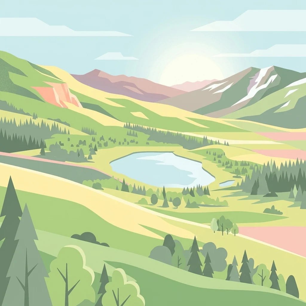 A flat-style digital illustration depicting a mountain valley with a central lake surrounded by evergreen forests and rolling green hills under a soft sun.