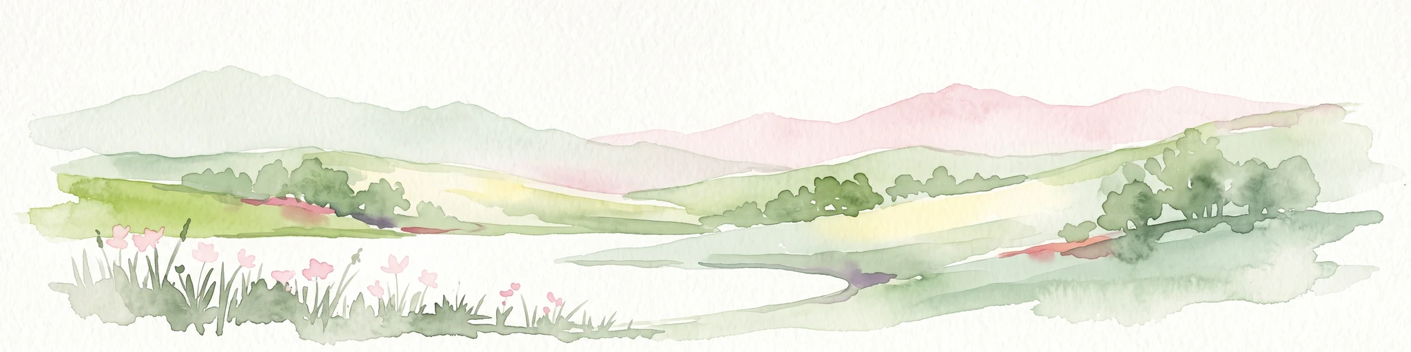 A watercolor painting showing soft green hills, distant pink-hued mountains, and a pale blue lake in a serene, stylized landscape.