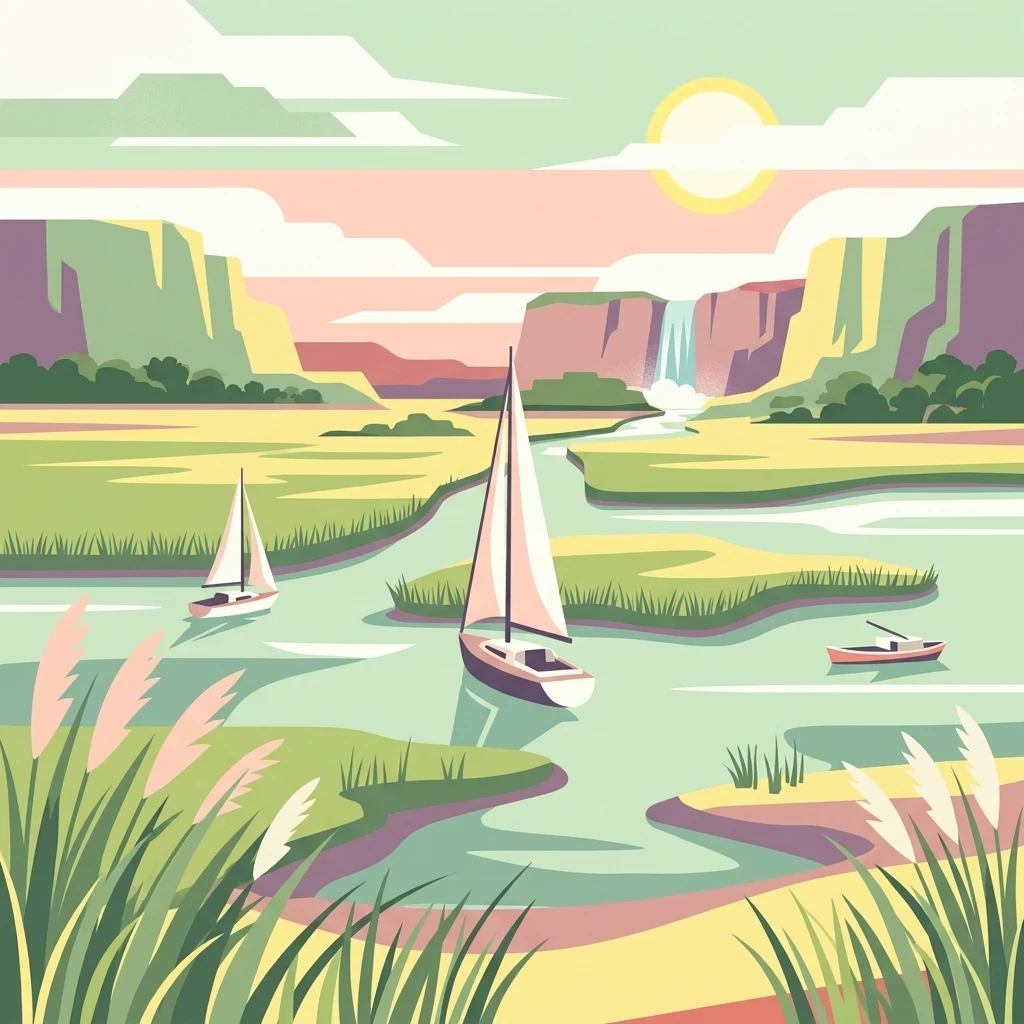 Una ilustración digital de estilo plano que muestra un humedal pintoresco con aguas tranquilas, tres veleros, orillas de marisma cubiertas de hierba en primer plano y acantilados lejanos con una cascada bajo un cielo suave al atardecer.