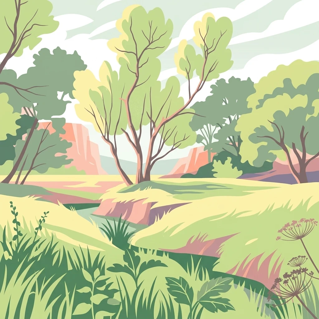 Una ilustración vectorial plana y estilizada de un arroyo que serpentea a través de un paisaje vibrante de pradera y bosque con árboles y flores silvestres.