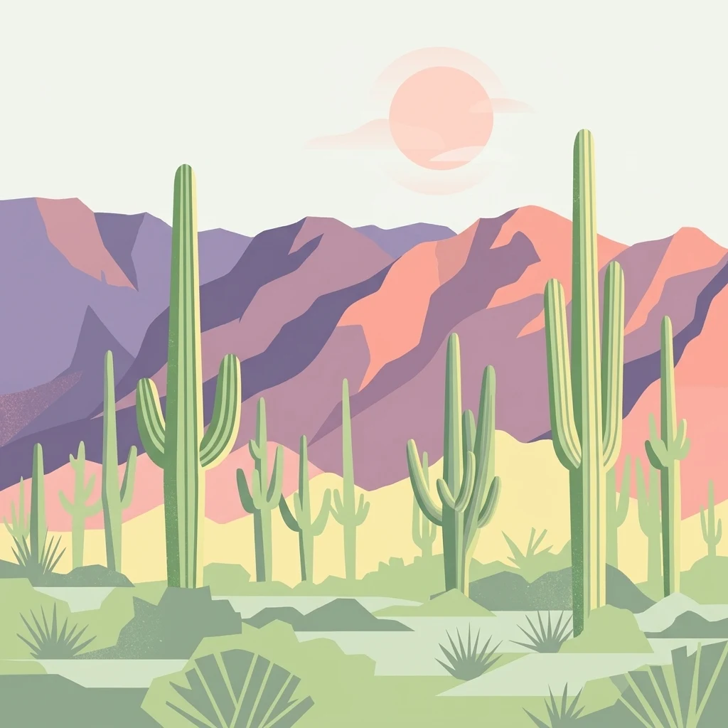 A flat, vector-style illustration of a desert landscape at sunrise, featuring several tall saguaro cacti in the foreground and layered, colorful mountain ridges under a pale sky in the background.