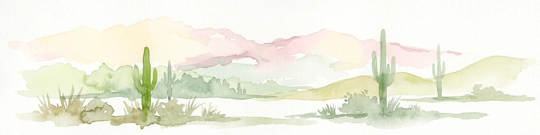 Watercolor painting of a desert scene with rolling hills in the background and saguaro cacti in the foreground.