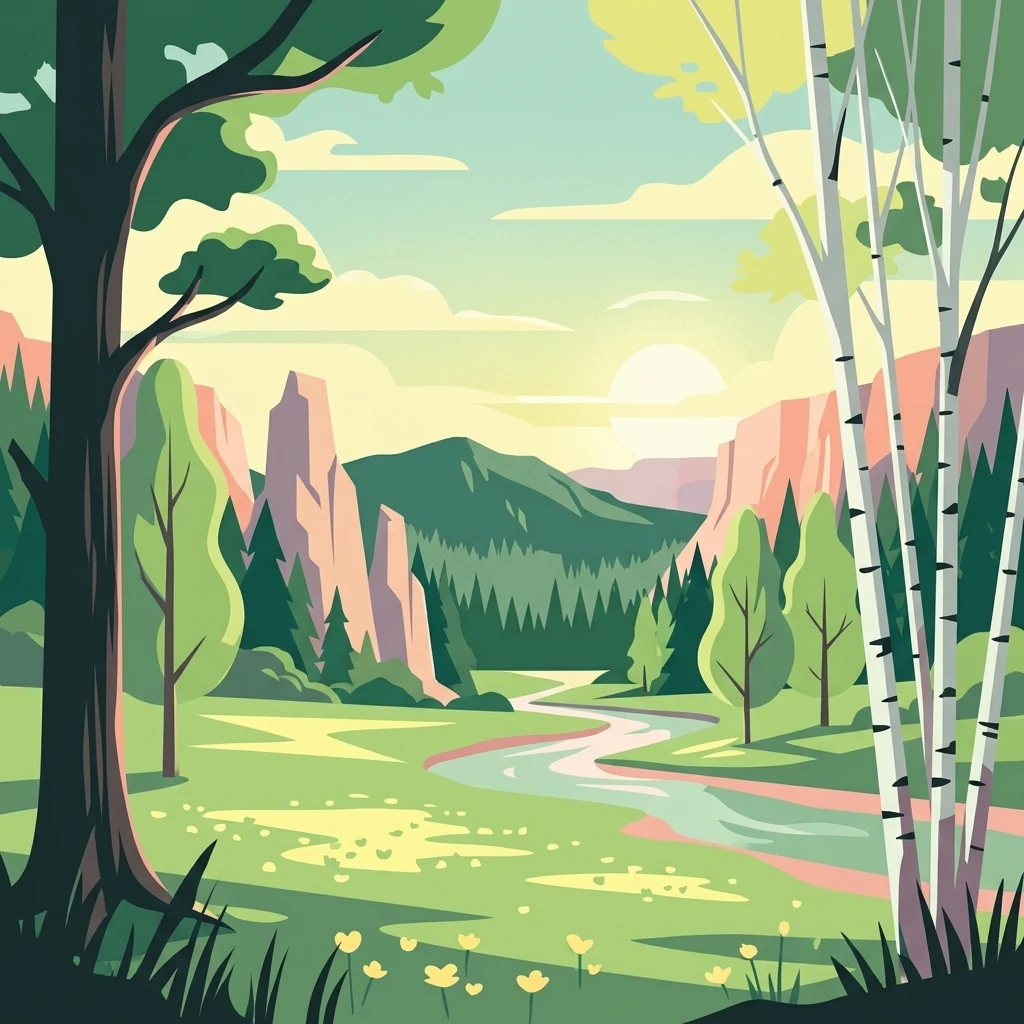 A flat-style digital illustration showing a bright, peaceful landscape with a winding river flowing through a green meadow, bordered by a dark forest, birch trees, and distant rocky peaks under a soft yellow sun.