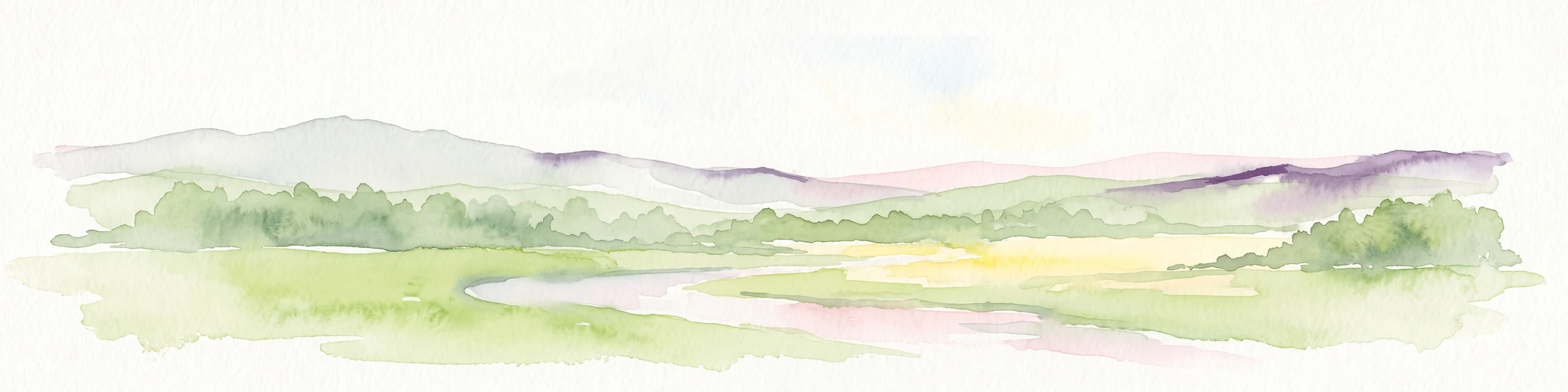 A watercolor painting showing a soft green marshy landscape with low hills in the background and a winding stream in the foreground.