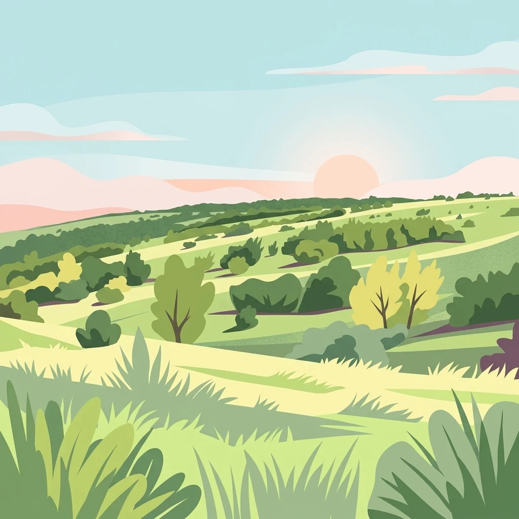 A flat digital illustration of rolling hills covered in grassland and scattered shrubs at sunrise or sunset.