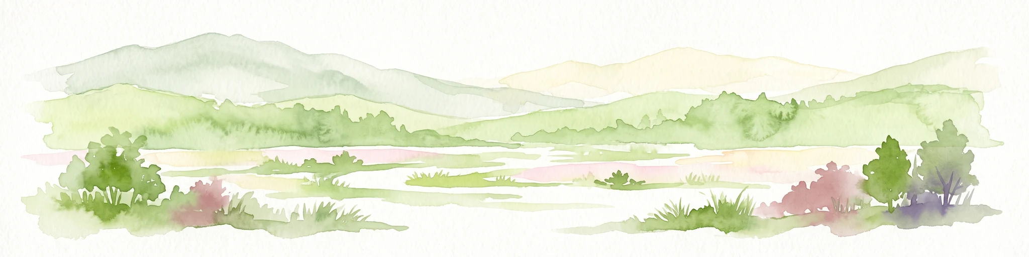 Watercolor painting of a rolling hilly landscape with green slopes, sparse trees, and a winding path in the foreground.