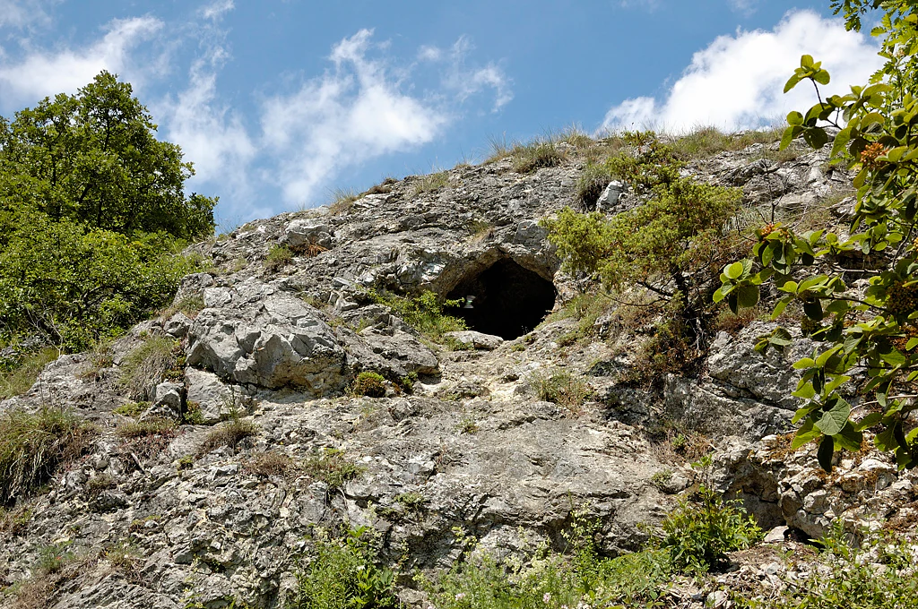 A small dark cave entrance situated on a rocky, scrub-covered hillside under a partly cloudy sky.