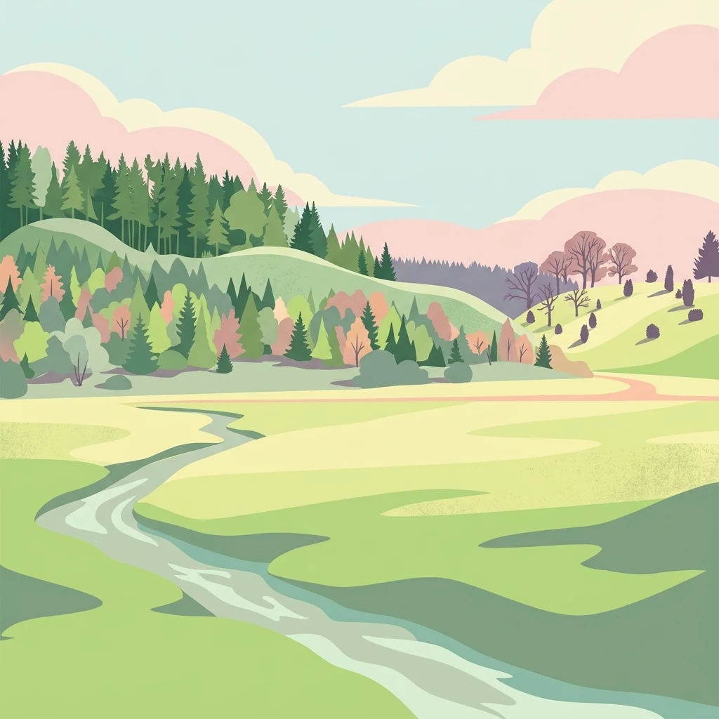 A digital illustration of a peaceful valley with a winding stream, lush green meadows, forested hills, and soft pastel clouds in the sky.