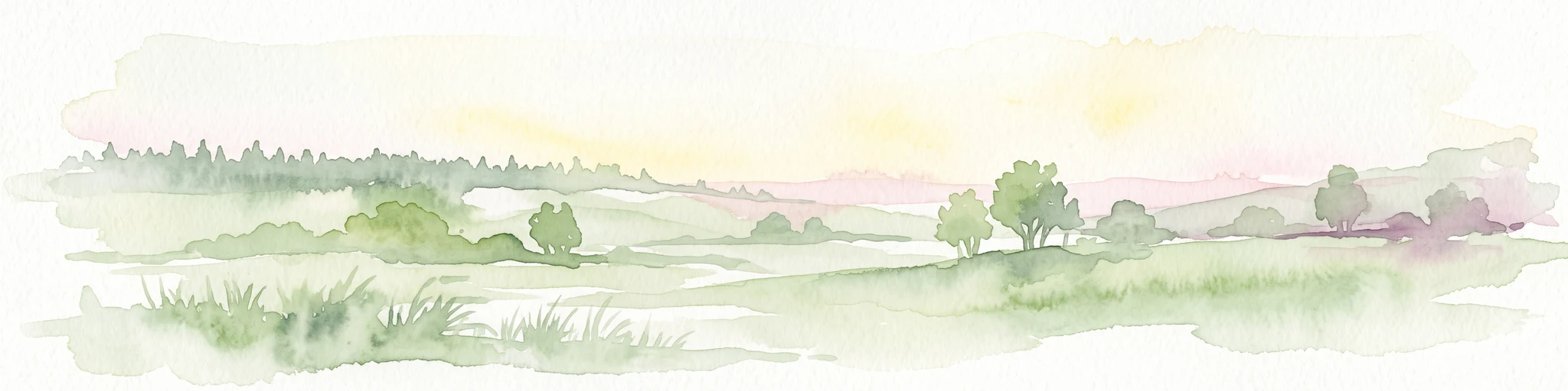 A pale, horizontal watercolor illustration depicting rolling green hills, scattered trees, and a forested horizon line on a white background.