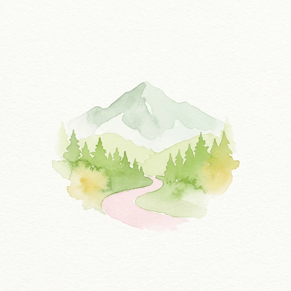 Watercolor illustration of a forested mountain with a winding path