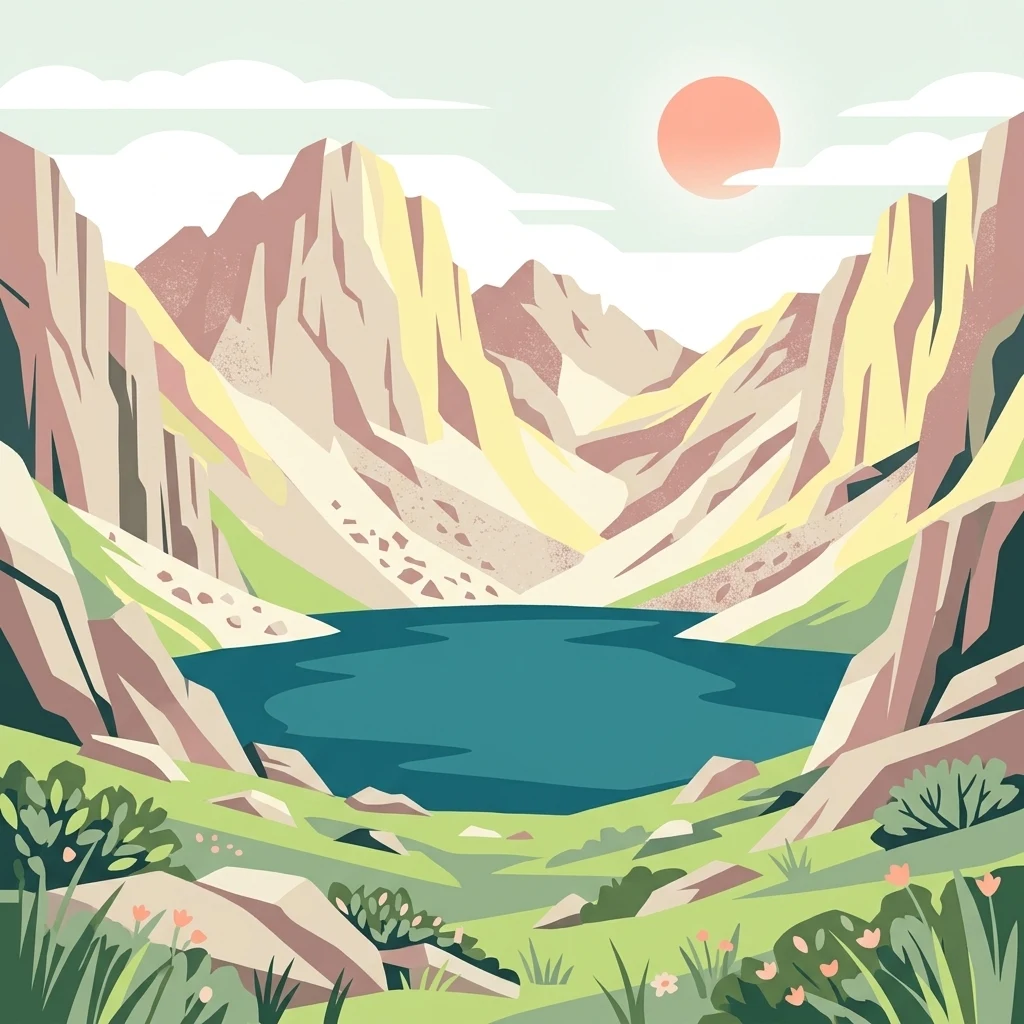 A flat-style digital illustration showing a serene blue alpine lake nestled between steep, jagged mountain slopes under a soft sun.