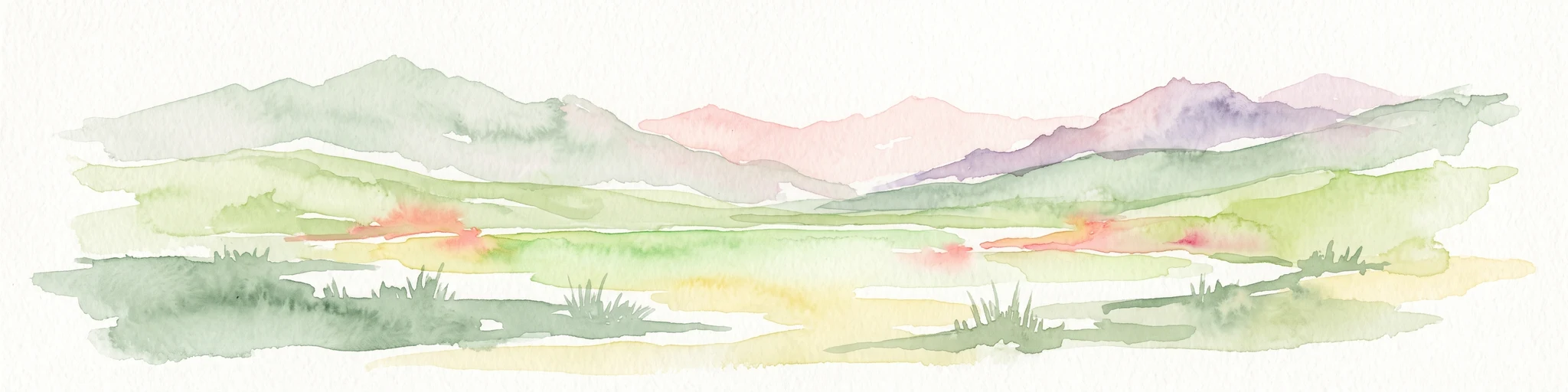Una suave acuarela de un paisaje montañoso con colinas verdes onduladas en primer plano y capas de picos pálidos de color púrpura en la distancia.