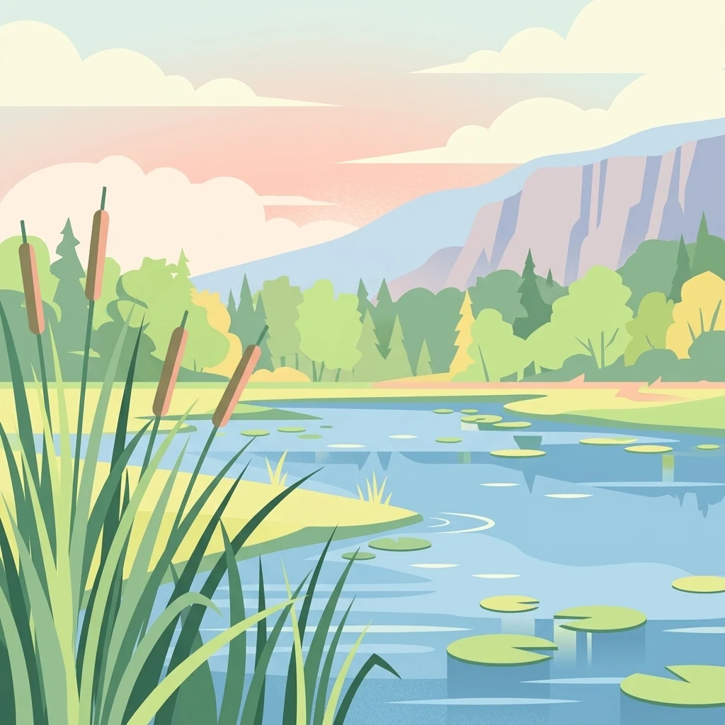 A flat vector illustration showing a calm river or wetland with cattails in the foreground, water lilies floating on the surface, and a forested shoreline with distant cliffs under a soft sunset sky.