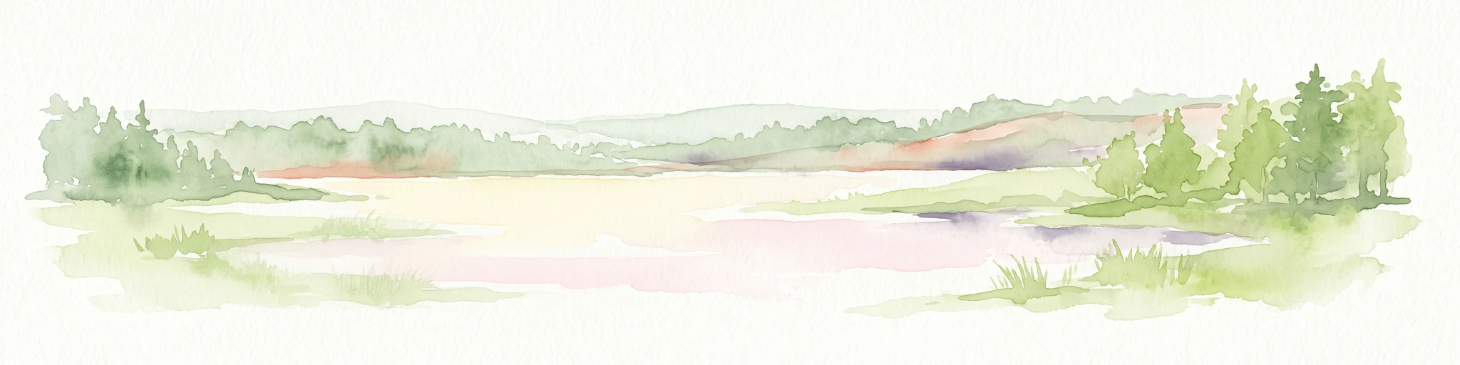 A horizontal watercolor painting showing a quiet lake surrounded by light green pine trees and soft, rolling hills in the distance.