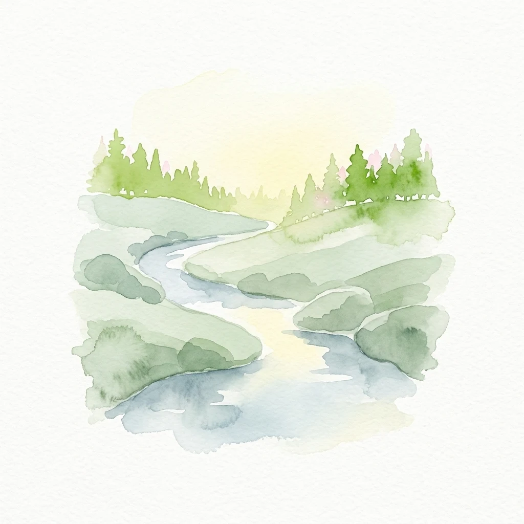 Pintura de acuarela de un río sinuoso a través de un paisaje boscoso con colinas y árboles