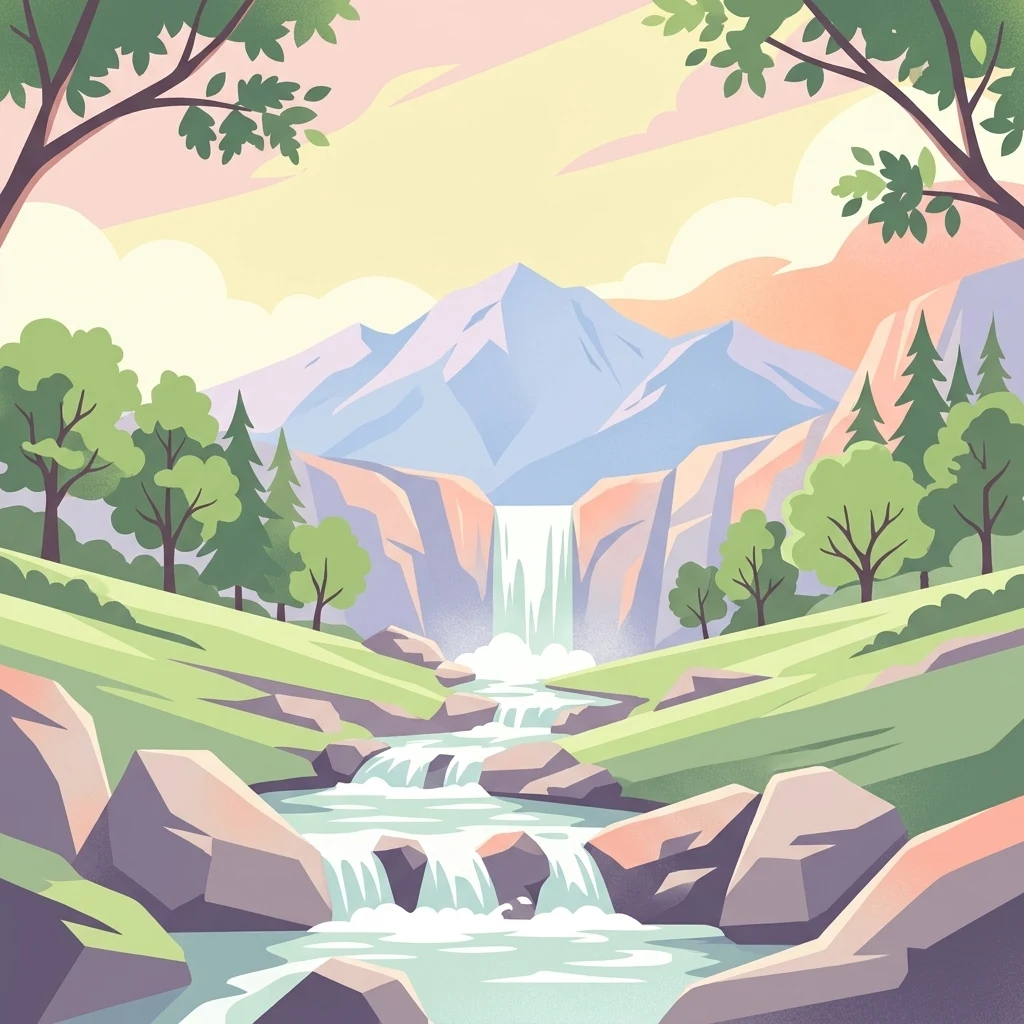 Ilustración estilizada de una cascada cayendo sobre rocas con colinas verdes y montañas al fondo