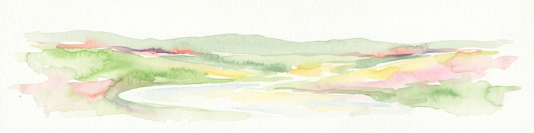 Watercolor painting with green, pink, yellow, and white areas depicting terrain and water