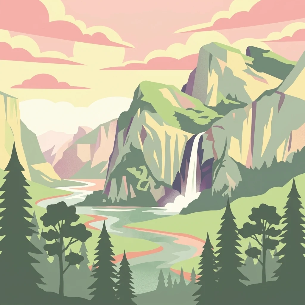 A stylized flat vector illustration of a valley with mountains, a prominent waterfall, a winding river, and pine trees in the foreground.