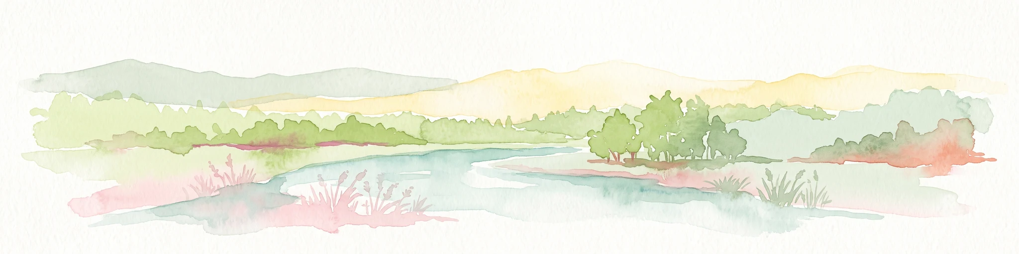 A watercolor illustration showing a landscape with a calm lake surrounded by greenery, small trees, and gently rolling hills in the background.