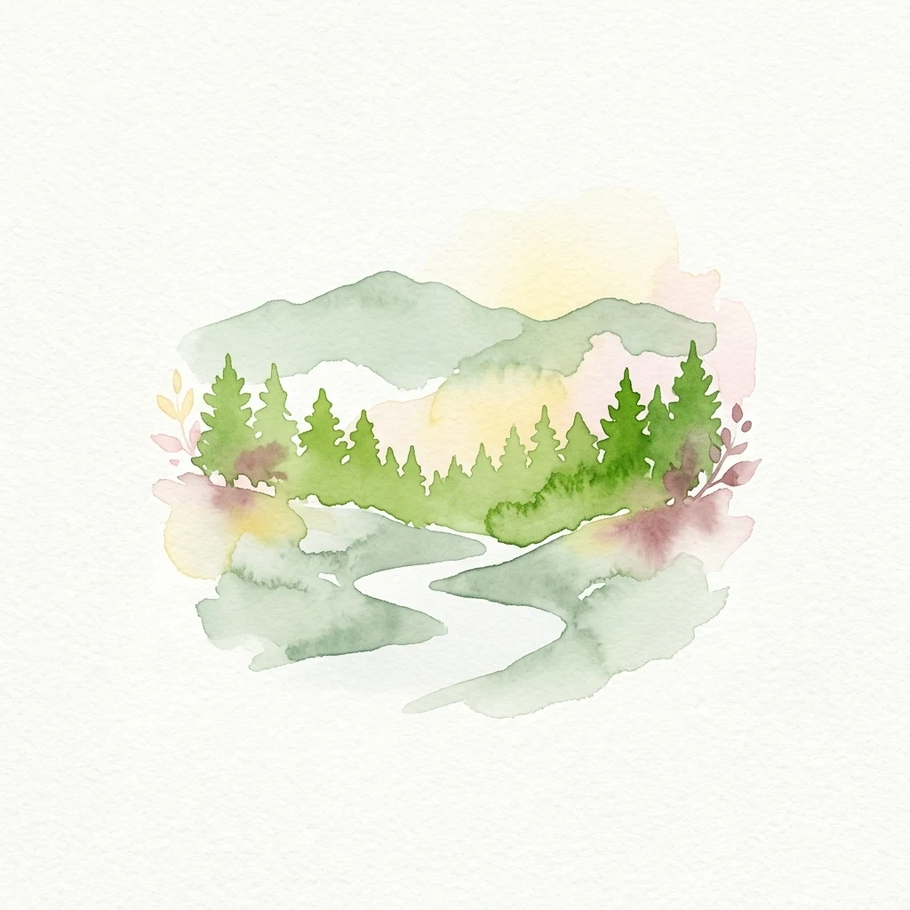 Watercolor illustration of mountains, forest, river, and flowers
