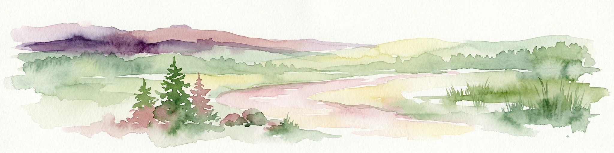 Ilustración en acuarela de un paisaje con montañas, árboles, un río y campos