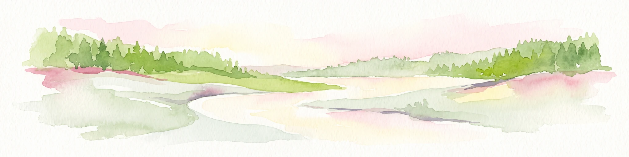 A horizontal watercolor painting showing a calm river winding through green banks with coniferous trees in the background, set against a soft, light-filled sky.