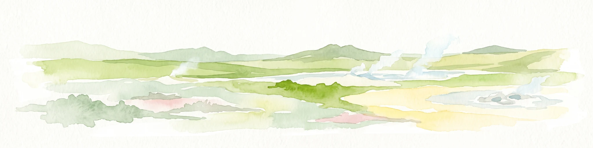 Una pintura en acuarela que muestra una vista amplia de una zona geotérmica con colinas verdes, columnas de vapor que se elevan de manantiales termales y parches de terreno de tonos amarillos.