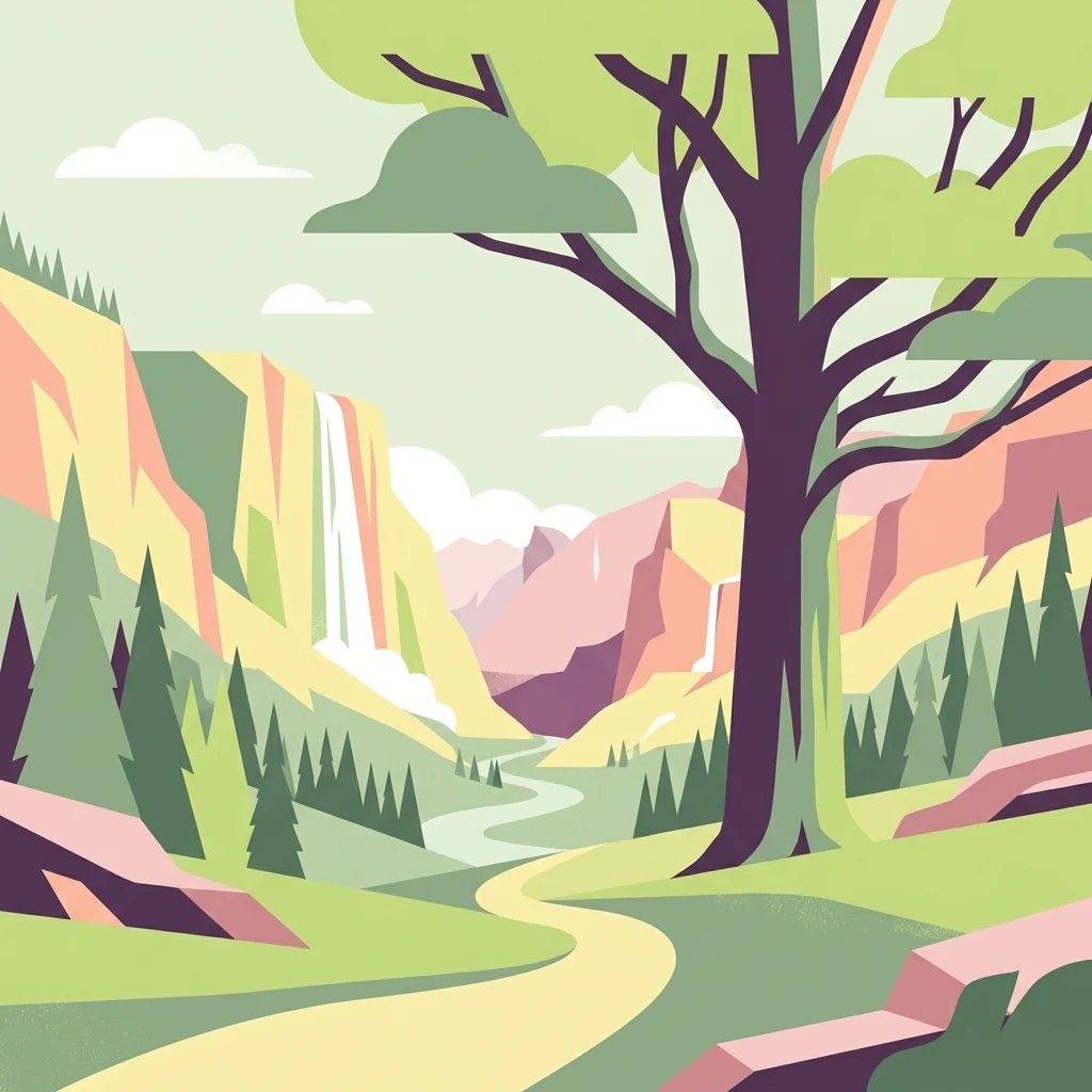 A flat, vector-style illustration of a valley with a winding path in the foreground, coniferous trees, a waterfall, and rocky cliffs under a light sky.
