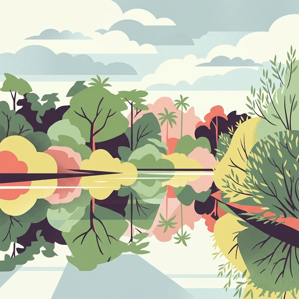 A stylized vector illustration of a tropical river landscape featuring symmetrical reflections of trees, palms, and foliage in calm water beneath a cloudy sky.