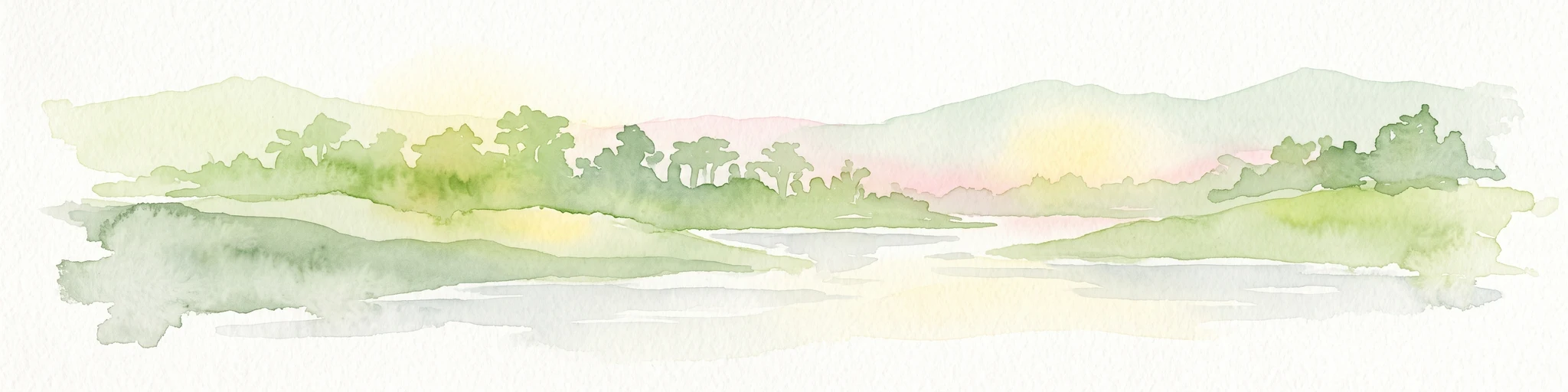 A watercolor painting showing a soft, atmospheric landscape with a winding river, green banks, trees, and distant low hills against a white background.