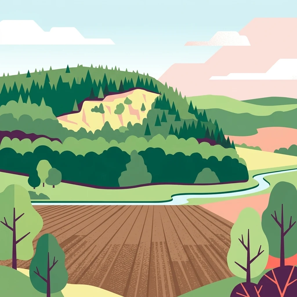 Digital illustration of a hilly landscape with a forested ridge, a visible rock face, a winding stream, and an agricultural field in the foreground.
