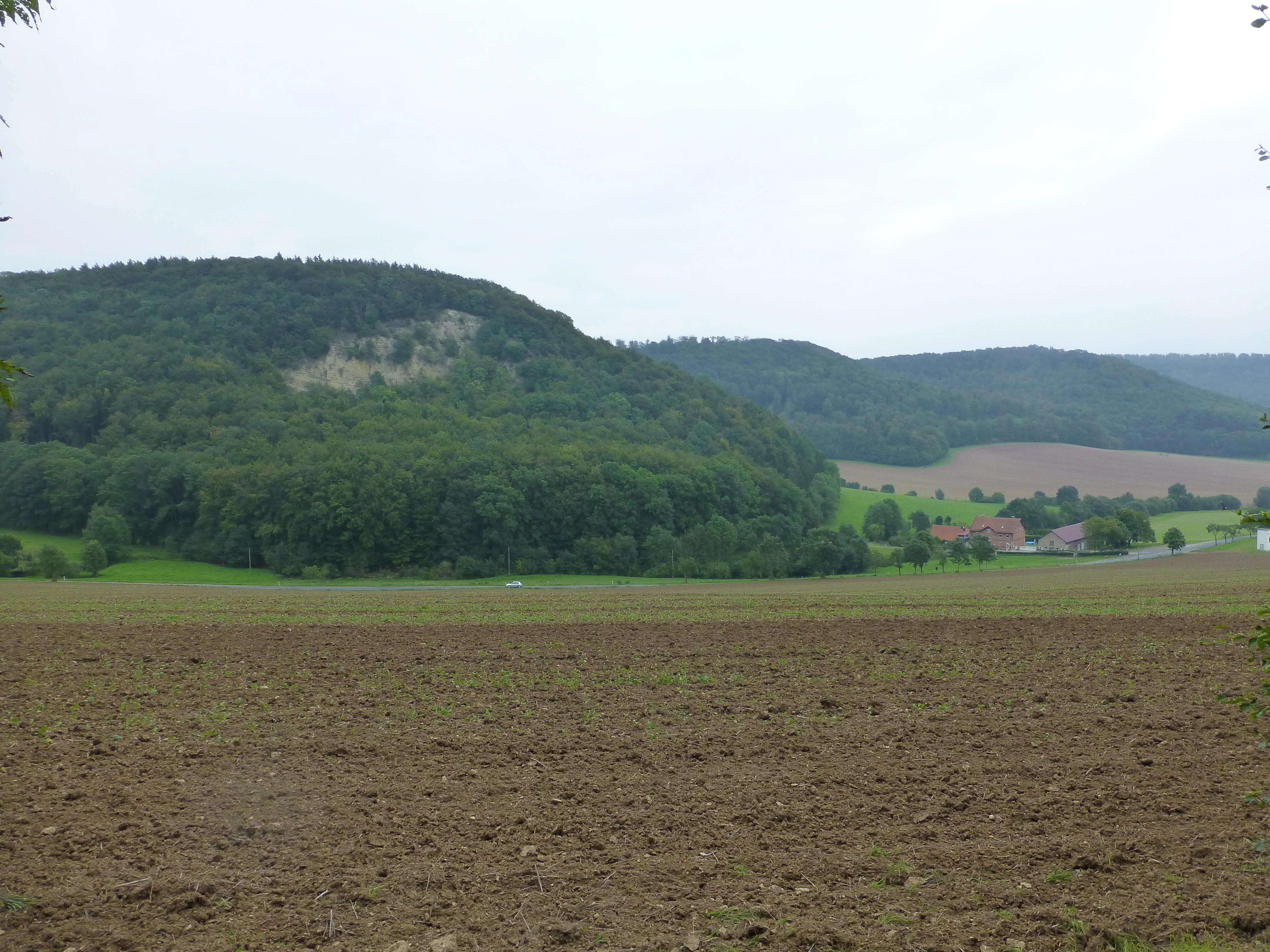 A wide view of a rural landscape with a large plowed field in the foreground, a forested hill with a visible rocky outcrop on the left, and a small farmstead tucked at the base of the hills.