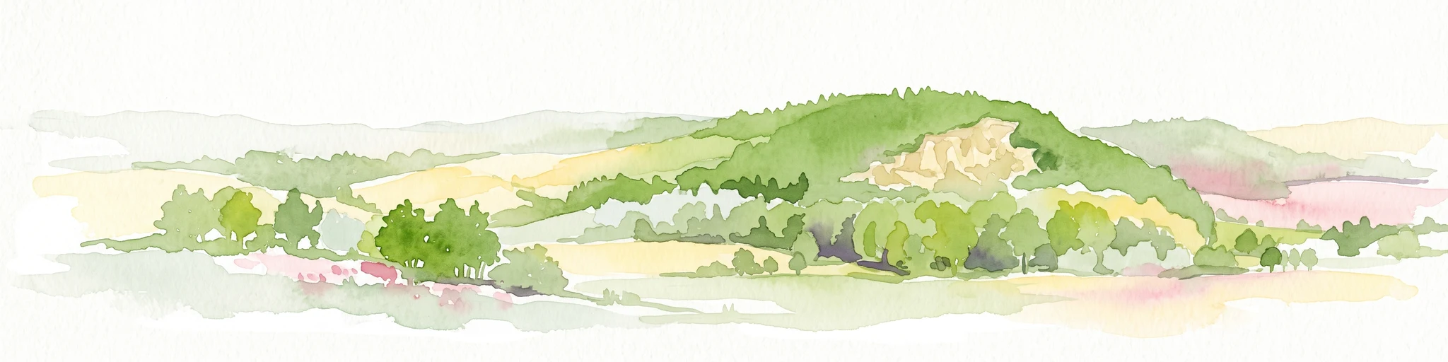 Watercolor painting of green rolling hills, forested slopes, and light-colored rocky outcrops in a rural landscape.