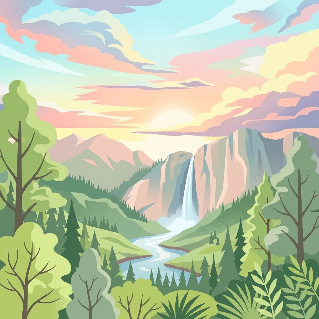 Una ilustración estilizada de un paisaje montañoso al atardecer, con una alta cascada que desciende por acantilados rocosos hasta un río, rodeada de un frondoso bosque bajo un cielo de colores pastel.
