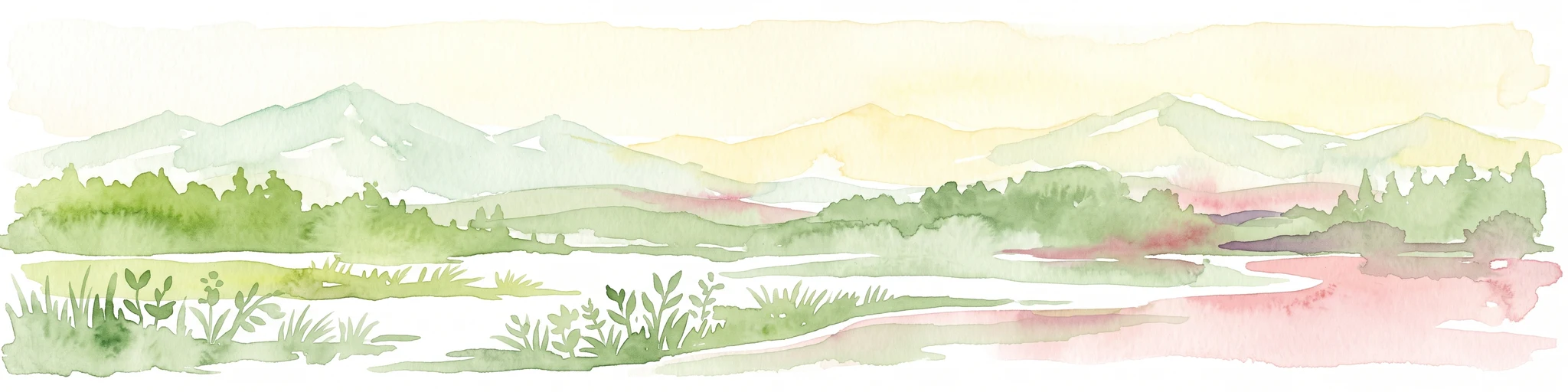 A horizontal watercolor illustration of a wetland scene with soft green marsh vegetation in the foreground, rolling green hills in the midground, and faint mountains in the soft yellow background.