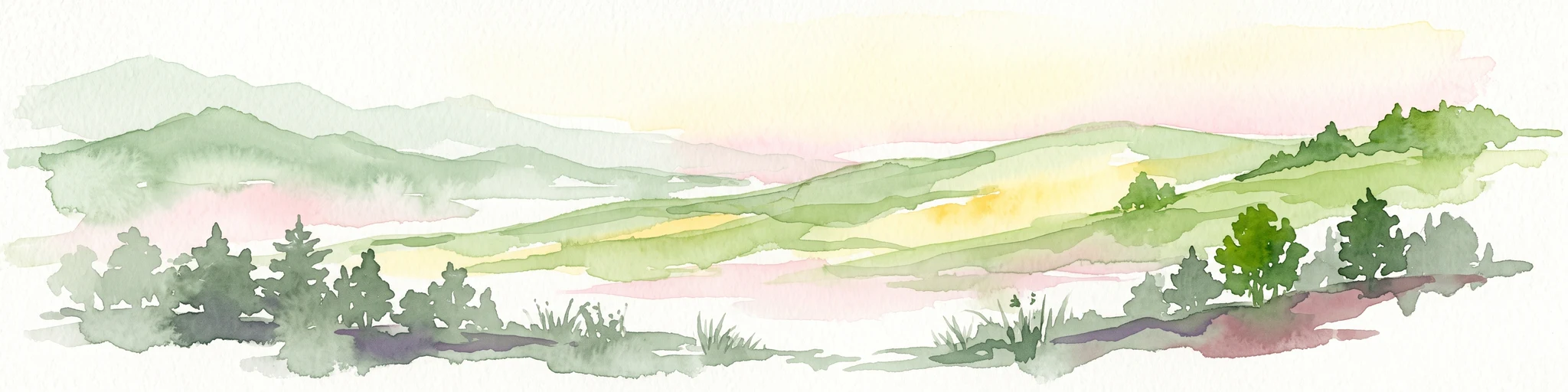 A watercolor painting showing soft rolling green hills, a few small trees, and distant hazy mountain silhouettes under a pale sky.